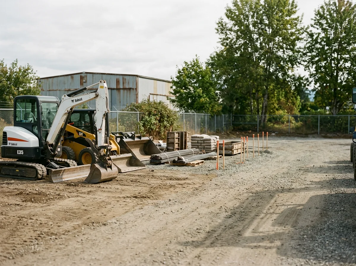 Construction equipment and tools on a job site, showing the readiness and scale of excavation and concrete work operations.