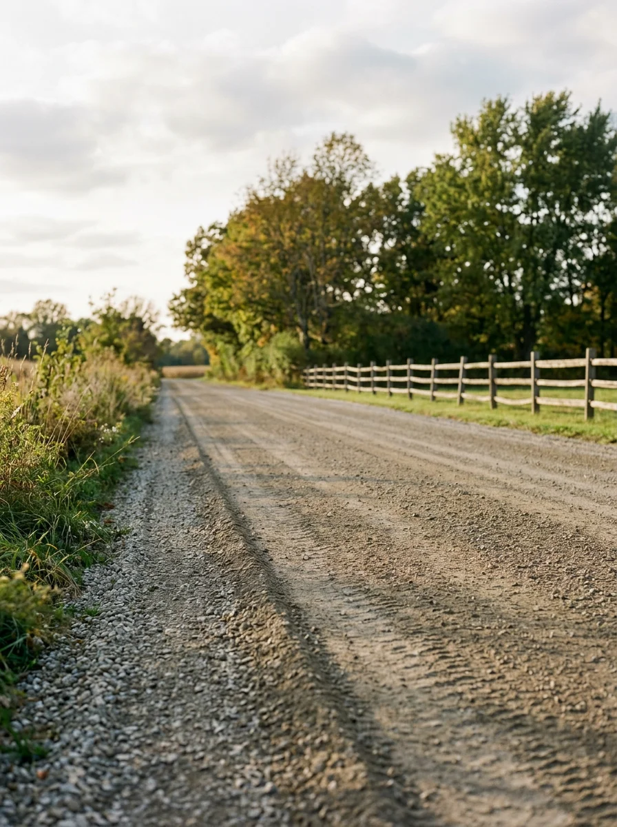 Gravel road grading in progress on a rural-edge property in Brownstown Township, Michigan, with a motor grader crowning the surface for drainage.