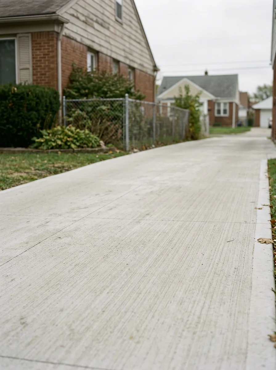 New concrete driveway poured on a small Lincoln Park, Michigan residential lot, with forms removed and a broom-finished surface between two close-set homes.