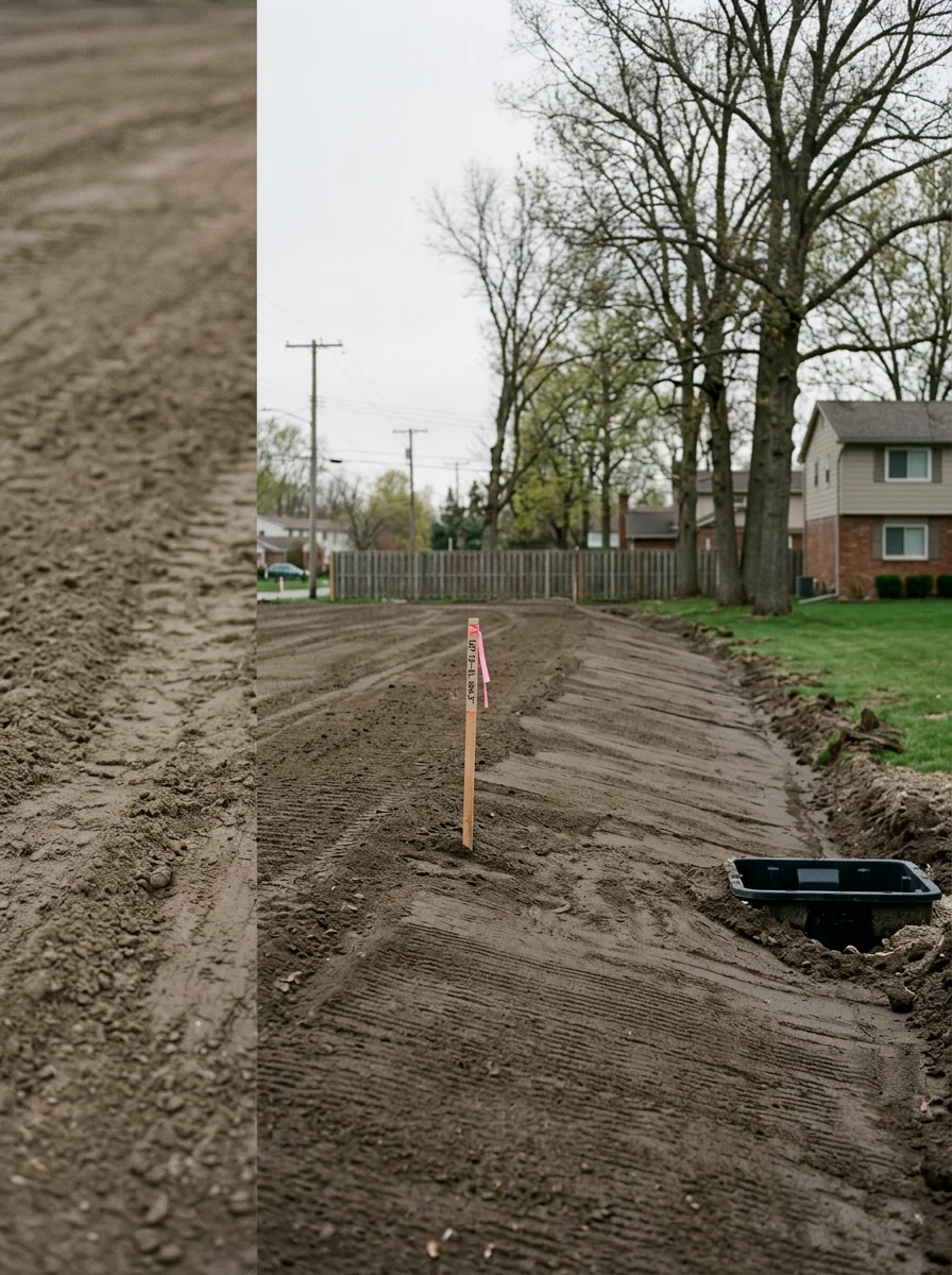 Graded lot with proper drainage slope in Riverview showing compacted clay and finished grade for foundation excavation