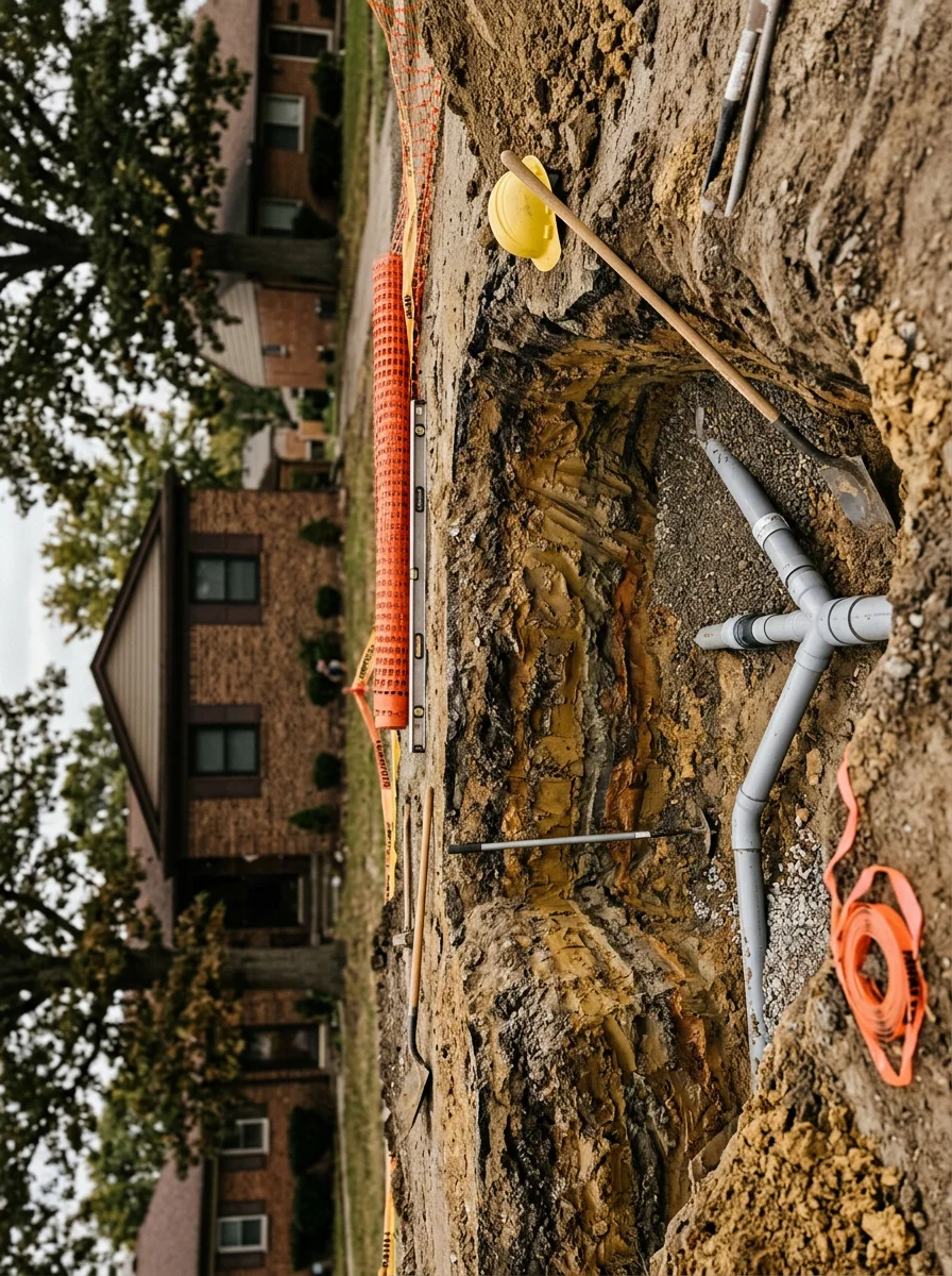 Utility excavation trench open on a commercial property in Southgate, Michigan, with clay soil walls and underground pipe installation in progress.