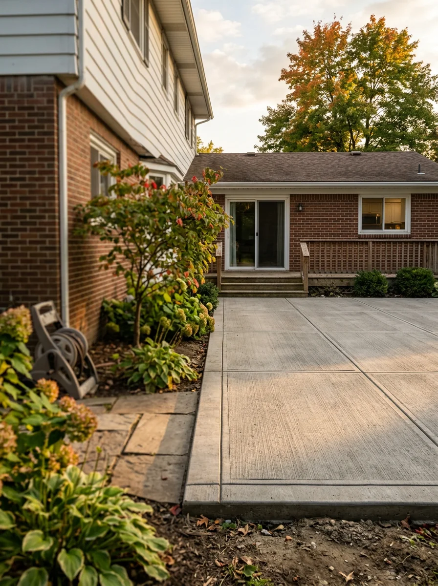 Finished concrete patio behind a 1960s colonial in Trenton, Michigan, with broom finish and control joints set for freeze-thaw durability.