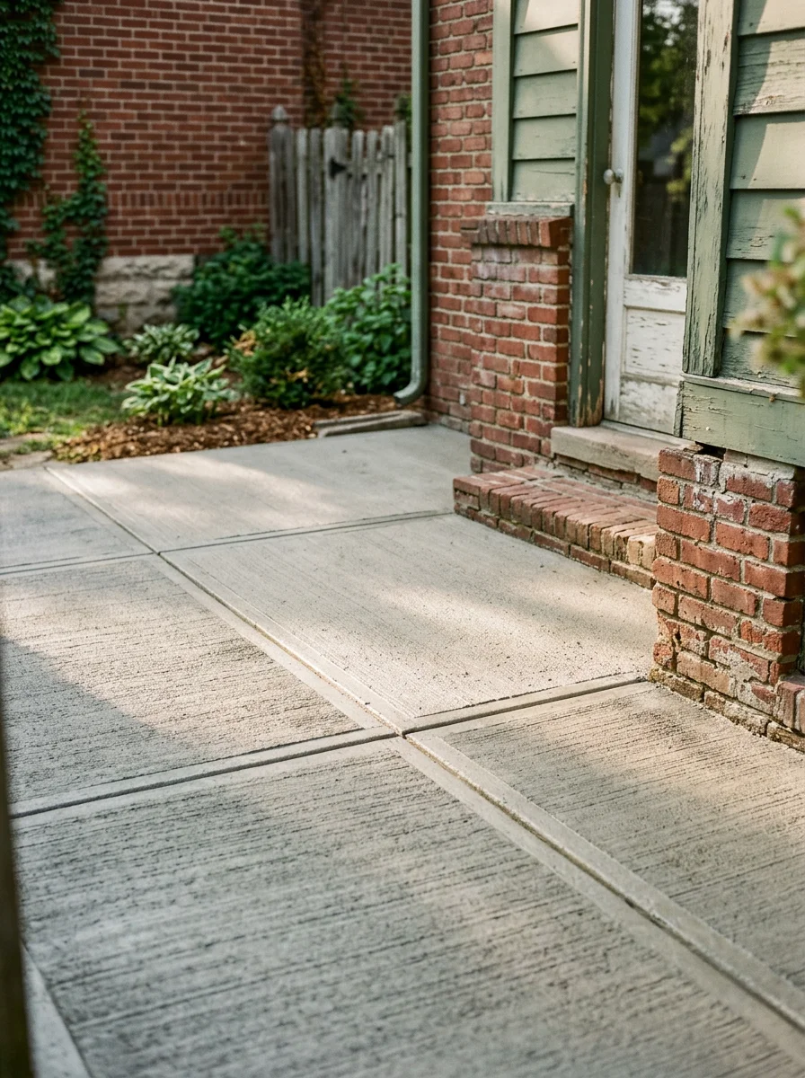 Finished concrete patio on a compact rear yard in Wyandotte, Michigan, with control joints and a broom finish visible against an older brick home.