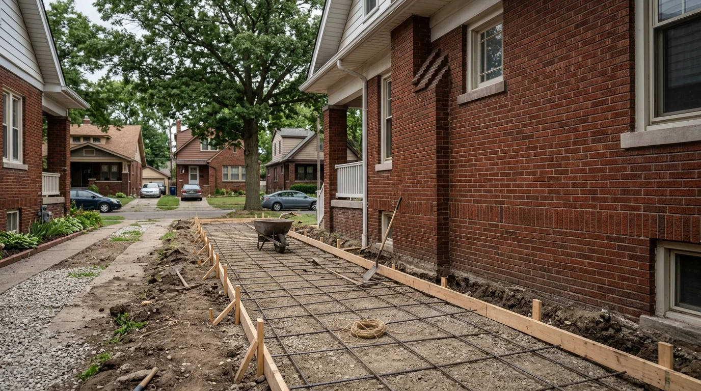 Concrete driveway replacement in progress on a narrow residential lot in Wyandotte, Michigan, with excavation complete and forms set along a brick bungalow.