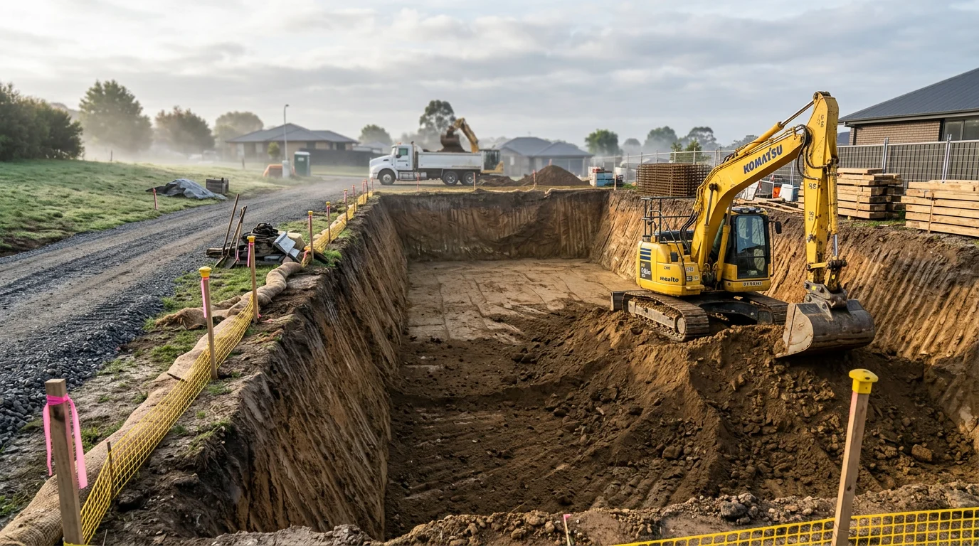 A residential basement excavation site showing a deep, clean-cut hole in the ground ready for foundation work. Heavy excavation equipment sits at the edge of the dig on a cleared property in the Excavation area.