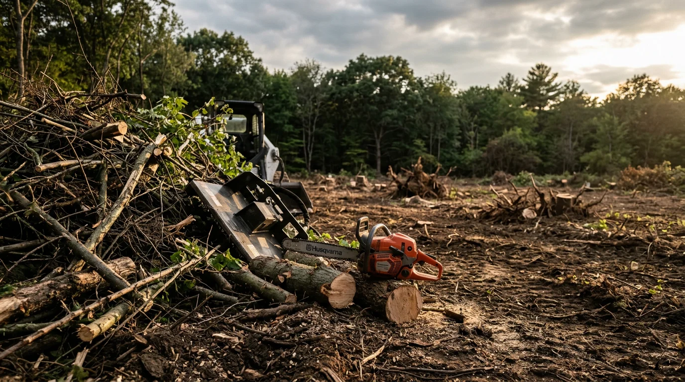 A cleared residential property in Excavation with overgrown shrubs and dense undergrowth removed, showing open ground ready for grading or construction. Nevalo Construction brush removal work visible across the full lot.