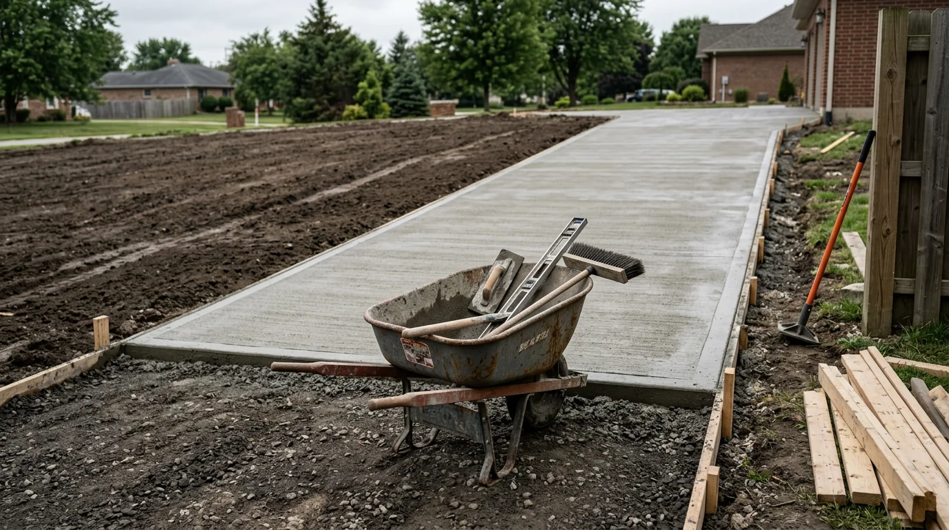 A freshly poured and broom-finished concrete driveway leading to a residential garage in the Excavation area. The surface is smooth and evenly formed, with clean edges and proper slope away from the home.