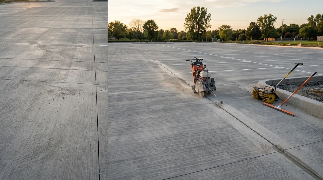 A freshly poured commercial concrete parking lot with clean joint lines and striping, located at a commercial property in the Excavation area. The lot surface is smooth and level, showing proper grading and a solid concrete finish.