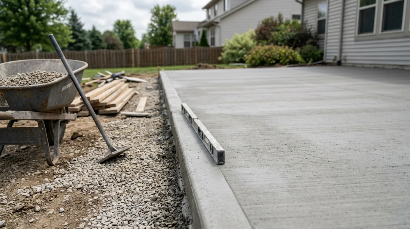 A freshly poured residential concrete patio with a broom-finish surface, sloped away from the home's foundation. The slab sits on a compacted gravel base in a backyard setting typical of the excavation service area.