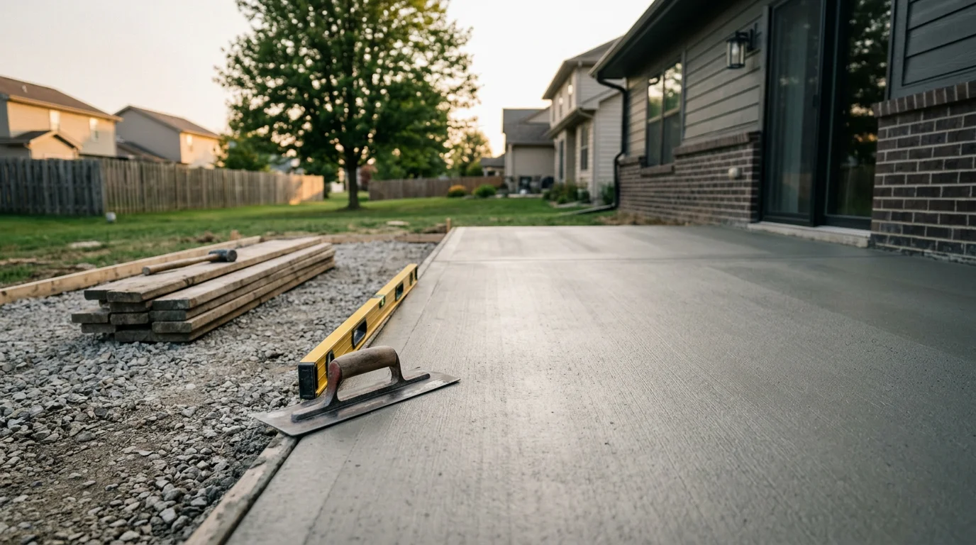 A freshly poured and finished concrete porch slab at a residential home in the Excavation area, showing a smooth surface with clean edges and proper slope away from the foundation. The porch connects directly to the front entry of the home with no visible cracking or settling.