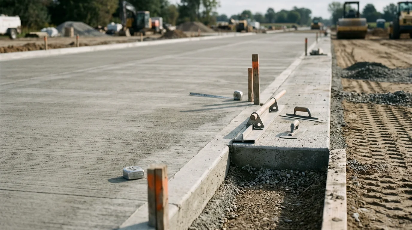 A freshly poured concrete road surface on a rural property in the Excavation area, with smooth finished concrete extending toward a tree line. Nevalo Construction crew equipment visible in the background during the base preparation phase.