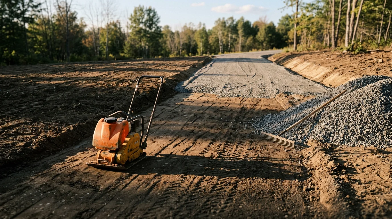 A freshly installed gravel driveway with a compacted, evenly graded surface leading to a residential property in the Excavation area. The driveway shows a slight crown in the center and clean edges where gravel meets the surrounding lawn.