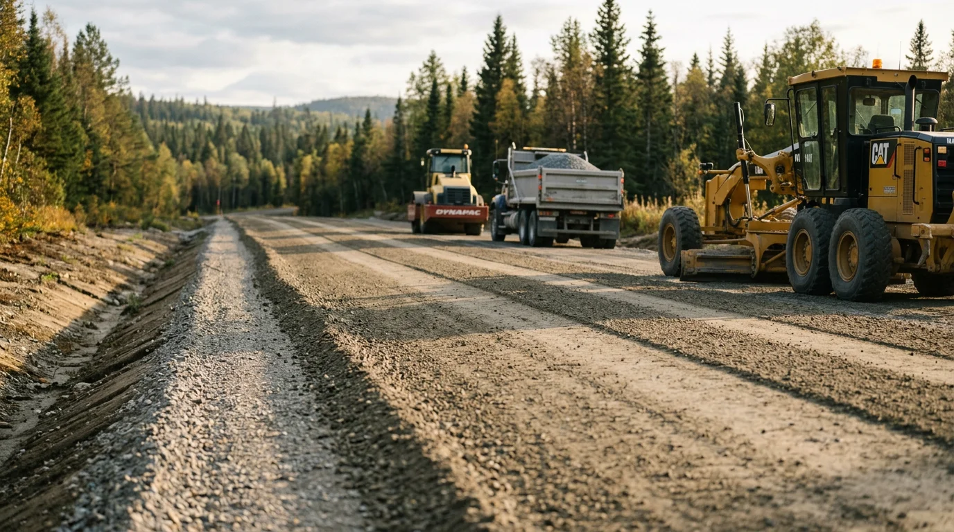A freshly graded gravel road with a visible crowned surface running through a rural property in the Excavation area. The road edges show clean drainage lines and a compacted gravel surface ready for regular vehicle and equipment traffic.