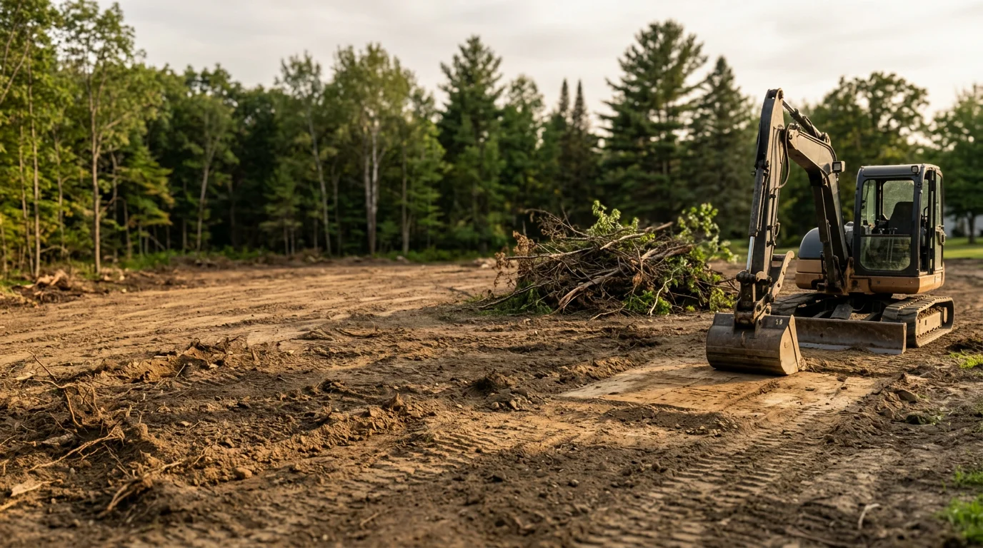 A wooded residential lot in the Excavation area after land clearing, showing open ground with trees, stumps, and brush fully removed. Heavy equipment is visible at the edge of the cleared site, with raw soil exposed and ready for grading.
