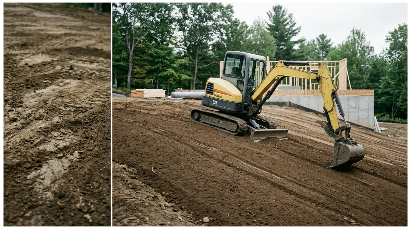 A graded residential lot with smooth, evenly sloped soil prepared for construction, showing a clean surface grade that directs water away from the building area. Excavation equipment is visible in the background on a cleared property.