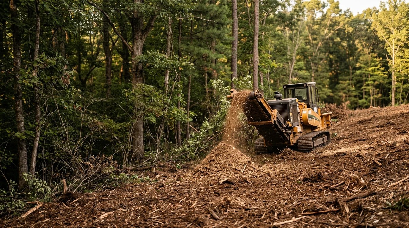 A mulching machine working through dense brush and overgrowth on a rural property in Excavation, with shredded vegetation spread evenly across the cleared ground. The surrounding trees remain intact while the undergrowth has been fully processed into a natural mulch layer.