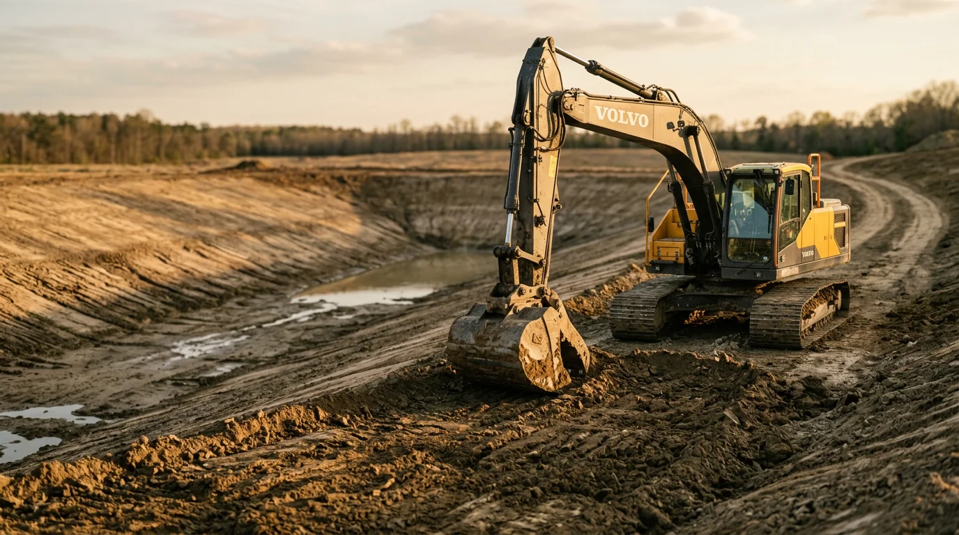 A freshly excavated pond basin on a rural property in the Excavation area, with shaped earthen banks and graded spoil along the perimeter. A tracked excavator sits at the edge of the site with cleared land visible in the background.