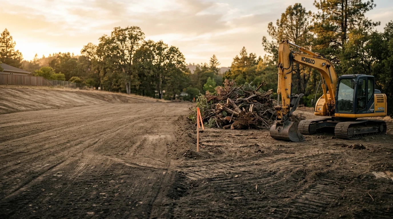 A Nevalo Construction excavator clearing and leveling a raw dirt lot during site preparation work. The ground is stripped of vegetation and shaped for a residential or commercial build.