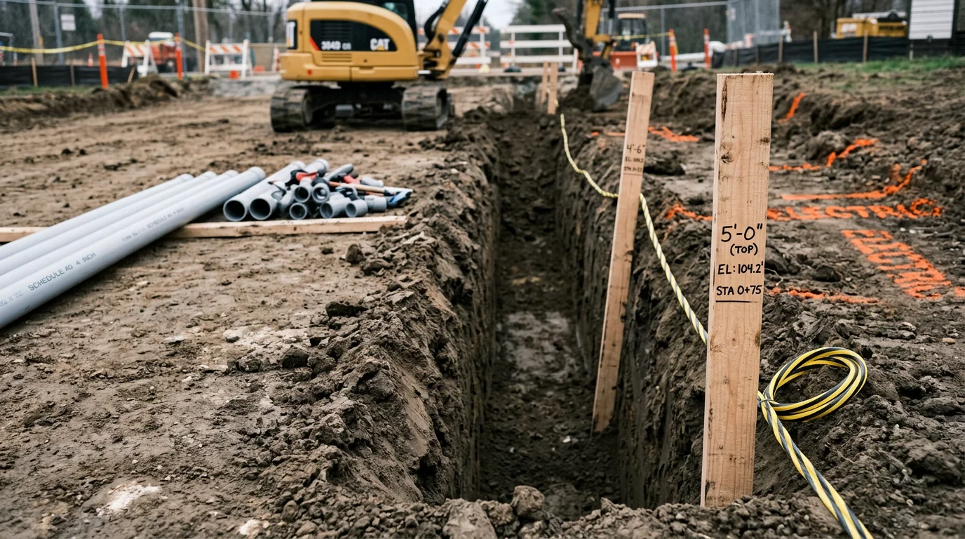 An excavator digging a narrow utility trench across a residential property, with exposed soil and a clearly defined trench line ready for underground line installation. A second crew member stands at the trench edge reviewing the dig depth before backfill begins.